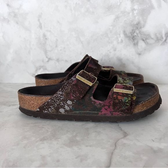 Birkenstock Arizona Leather Flower Crush Mocha Sandals - Picture 2 of 13